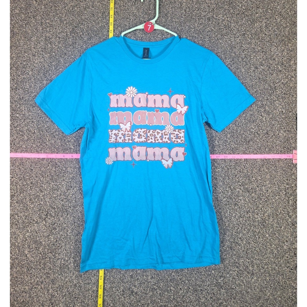 Gildan Mama Graphic T-Shirt Womens Small Blue Leopard Print Butterfly Retro Tee